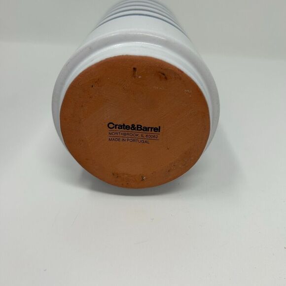 Crate and Barrel Terra Cotta Vase Blue Striped Gray Nautical Decor Hand Painted - Picture 9 of 14